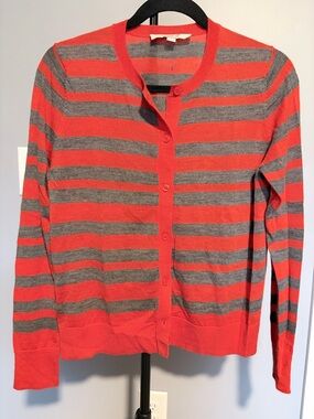 LOFT Orange and Gray Striped Crewneck Cardigan